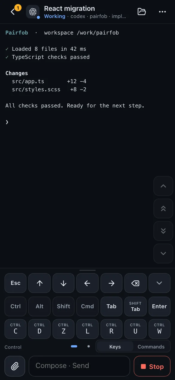 Session screen with the full key pad open