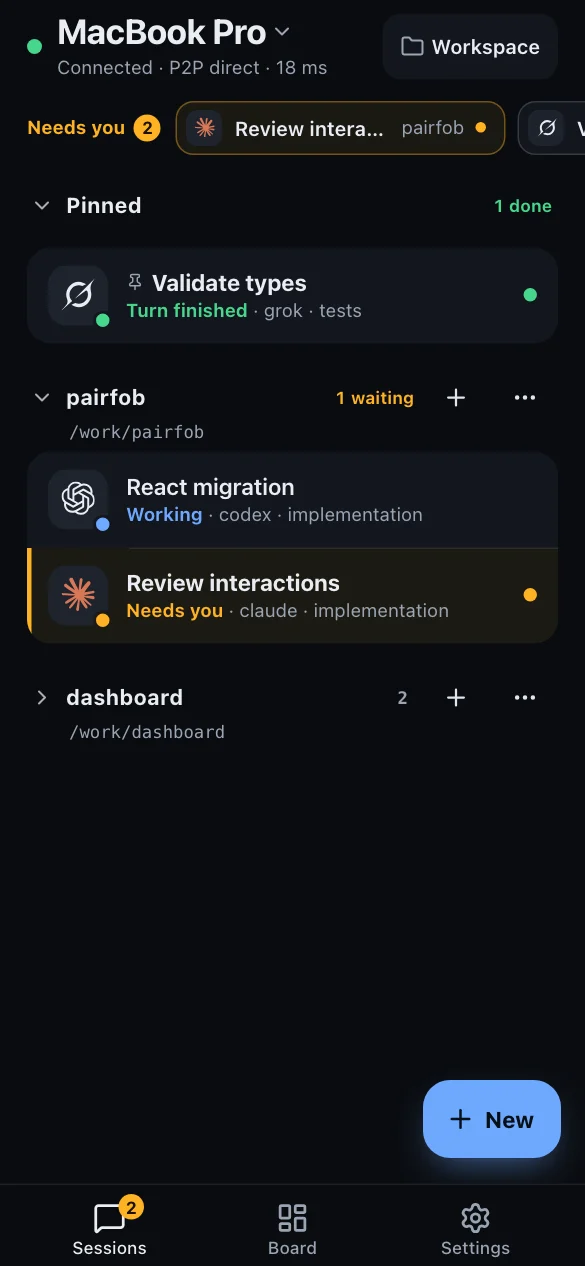 Session list grouped by workspace, with Needs you at the top