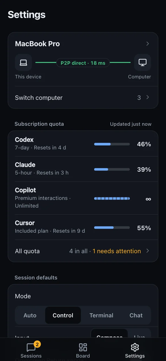 Settings with a quota ring for each plan