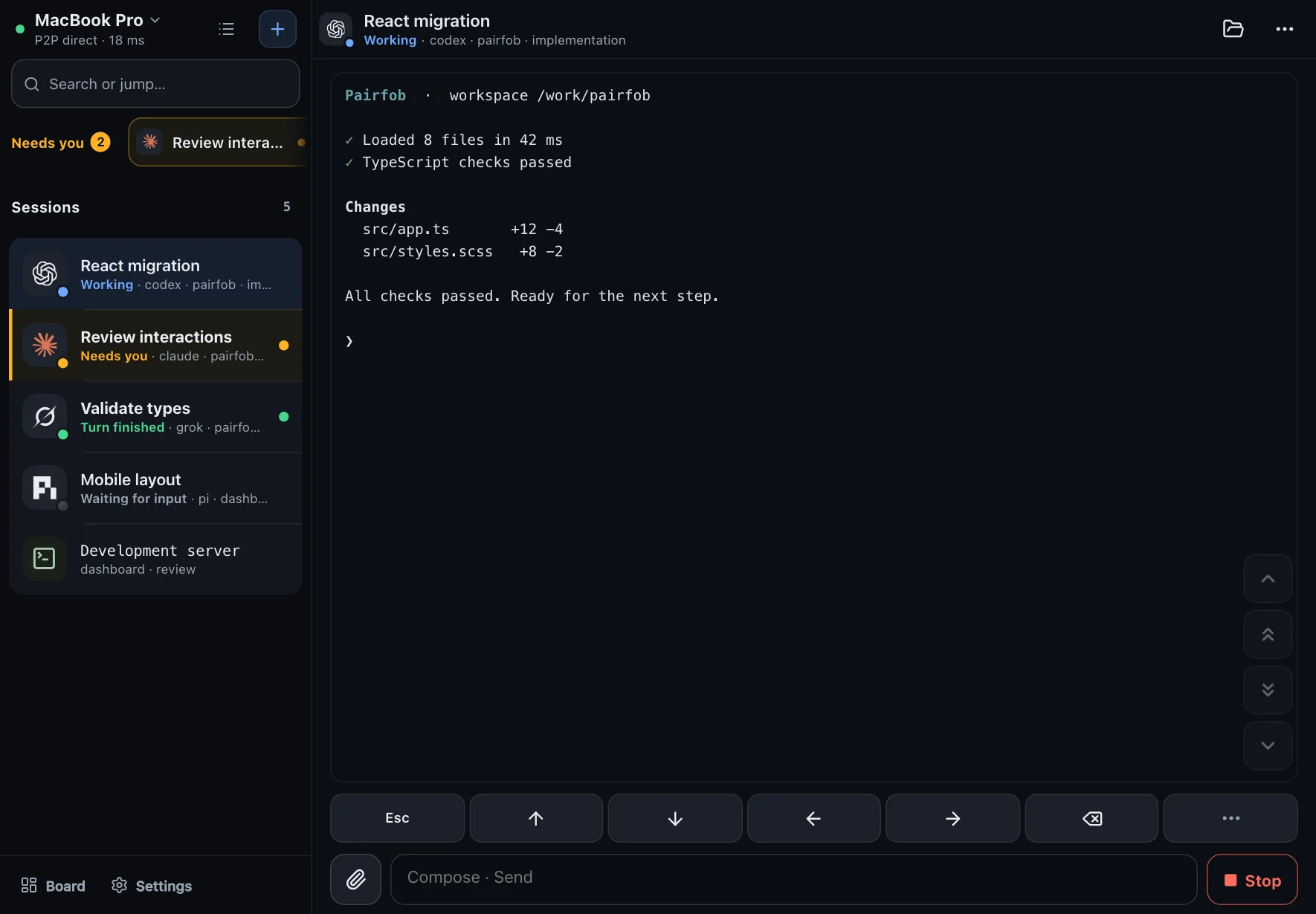 Pairfob on a tablet in landscape: the session list beside the terminal